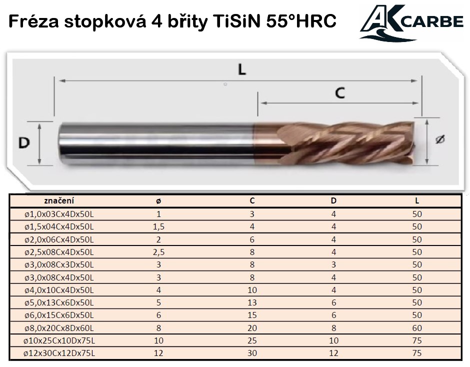 Fréza 4 břity HRC55