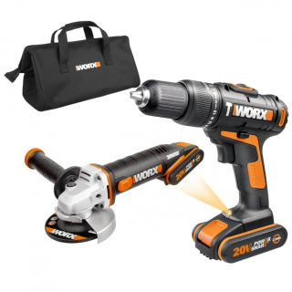 WX963 - Aku příklepová vrtačka a aku úhlová bruska 20V, 2x 2.0Ah + taška - PowerShare